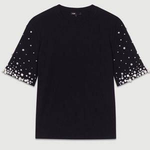 Maje Black Cotton T-shirt with Pearls